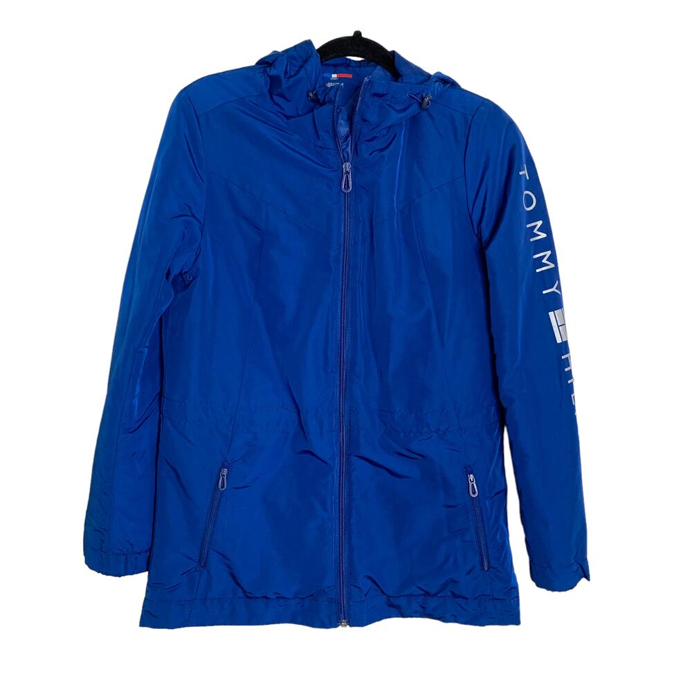 Tommy Hilfiger Full Zip Rain Jacket Men's S Royal Blue Hooded Lined Zip Pockets